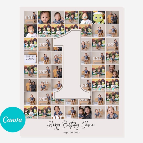 1st Year Birthday Photo Collage Easy drag and Drop - DIY on Canva. First Birthday Poster, Number One Poster 16x20