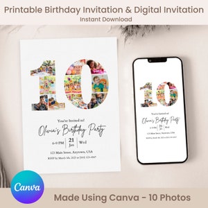 10 Jahre Geburtstags-Fotoeinladung, Minimalistisch - DIY on Canvas. Zehnte Geburtstagseinladung, Nummer Zehn Digitale Einladung