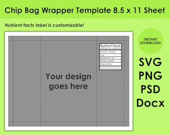 Chip Bag Template, Blank Template, Potato Chip Bag 8.5x11 Sheet SVG, PNG, PSD, and DOCx