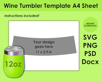 12oz Wine Tumbler Template A4 Sheet SVG, PNG, PSD and DOCx