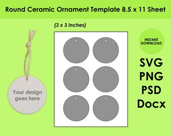 Pode incluir: Um modelo imprimível para seis ornamentos de cerâmica redondos de 7,6 cm. O modelo é projetado para caber em uma folha de papel de 21,6 x 27,9 cm. O modelo inclui um furo para pendurar os ornamentos.