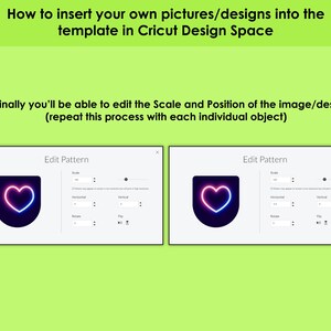 May include: A screenshot of the Cricut Design Space software showing how to edit the scale and position of an image or design. The image is a neon pink and blue heart shape. The software interface shows options for scale, horizontal and vertical position, rotate, and flip.