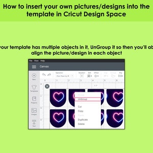 May include: A screenshot of the Cricut Design Space software showing a design with multiple hearts. The user has selected the "Ungroup" option from the drop-down menu.