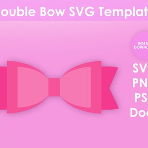 May include: A pink double bow SVG template for crafting and design projects. The template is available for instant download in SVG, PNG, PSD, and Docx formats.