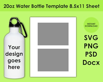 20oz Water Bottle Sublimation Template 8.5x11 Sheet SVG, PNG, PSD and DOCx