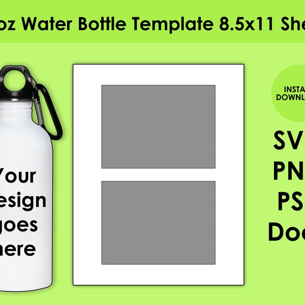 20oz Water Bottle Sublimation Template 8.5x11 Sheet SVG, PNG, PSD and DOCx