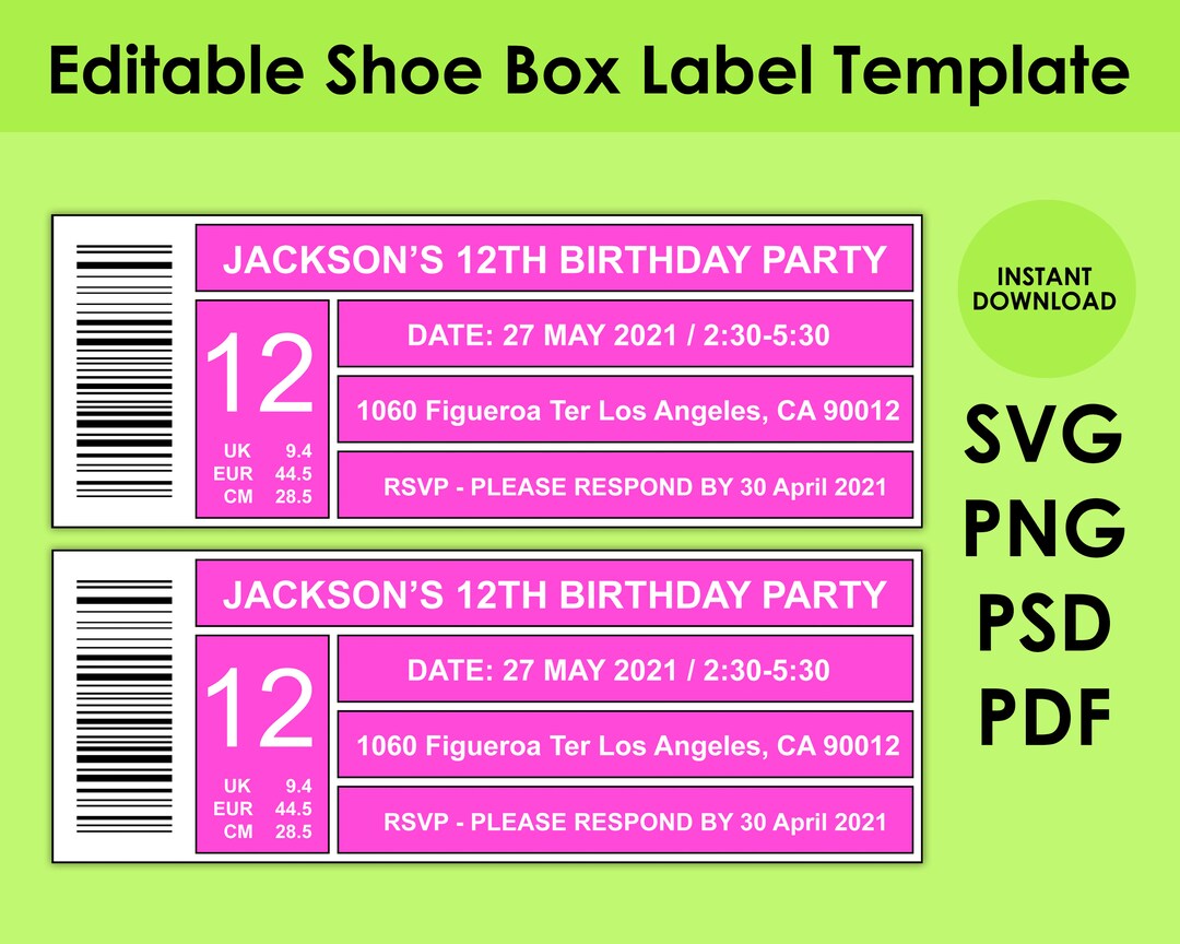 Shoe Box Label Template 8.5x11 Sheet PDF, PNG, PSD and Svg Etsy