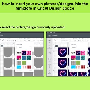 May include: A screenshot of the Cricut Design Space software showing a user selecting a pattern from a library of patterns. The patterns include a neon heart, a cassette tape, a floral pattern, a blue and white striped pattern, a green and white plaid pattern, a blue and green geometric pattern, a light blue pattern with white dots, a red and white plaid pattern, and a pink and white floral pattern.