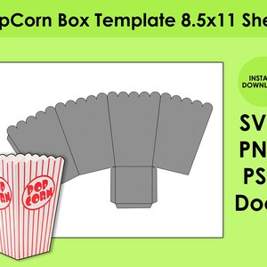 Könnte beinhalten: Druckbare Vorlage für eine Popcorn-Box. Die Vorlage ist für den Druck auf einem Blatt Papier im Format 21,6 cm x 27,9 cm ausgelegt. Die Vorlage ist grau und hat einen gewellten Rand. Die Vorlage wird neben einer rot-weiß gestreiften Popcorn-Box gezeigt.