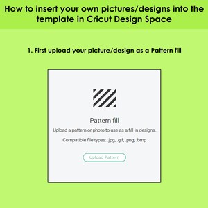 May include: A white box with a black and white striped pattern inside. The text "Pattern fill" is below the pattern. The text "Upload a pattern or photo to use as a fill in designs." is below the pattern. The text "Compatible file types: .jpg, .gif, .png, .bmp" is below the text. A green button with the text "Upload Pattern" is below the text.