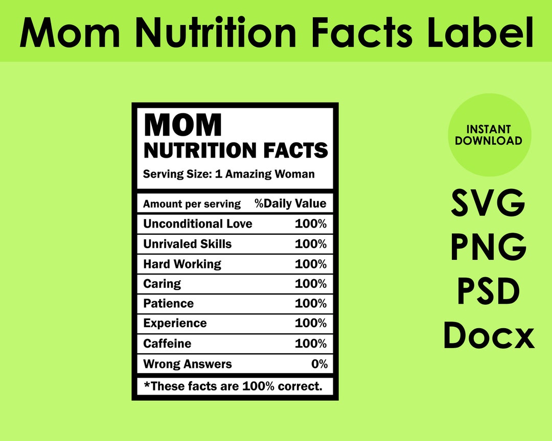 Mom Nutrition Facts Label SVG, PNG, PSD, and Docx (Download Now) Etsy