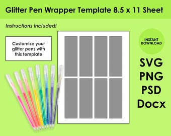 Glitter Pen Wrapper Template 8.5 x 11 Hoja SVG, PNG, PSD y DOCx