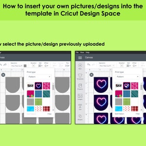 May include: A screenshot of the Cricut Design Space software showing a user selecting a pattern from a list of options. The pattern options include a neon heart, a cassette tape, a floral pattern, a blue and white striped pattern, a green and white checkered pattern, a blue and green geometric pattern, a light blue pattern with white dots, a red and white checkered pattern, and a pink and white floral pattern.