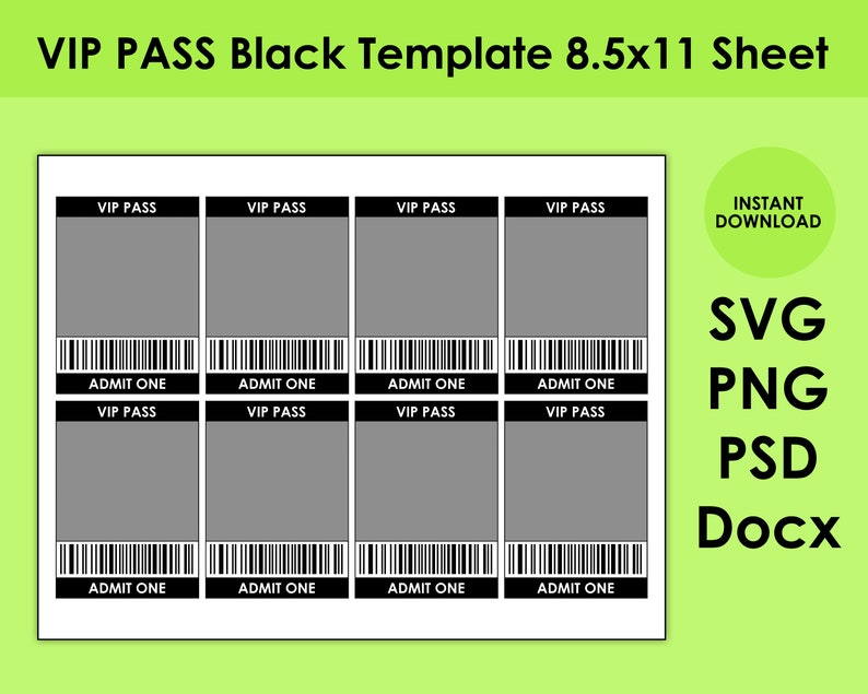 VIP PASS Black Template 8.5x11 Sheet SVG, Png, Psd and Docx - Etsy
