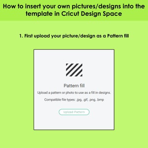 May include: A white box with a black and white striped pattern inside. The text "Pattern fill" is below the pattern. The text "Upload a pattern or photo to use as a fill in designs." is below the pattern. The text "Compatible file types: .jpg, .gif, .png, .bmp" is below the text. A green button with the text "Upload Pattern" is below the text.