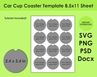 Car Cup Coaster Template 8.5x11 Sheet SVG, PNG, PSD, and DOCx