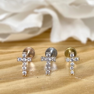 16ga 316L Surgical Steel Paved CZ Cross Top Internal Threaded Flat Back Labret, Tragus, Cartilage, Piercing, Stud Earrings