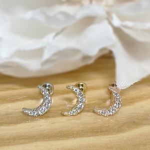 16ga 316L Surgical Steel CZ Crescent Moon Internal Threaded Flat Back Labret, Tragus, Cartilage, Piercing, Stud Earrings