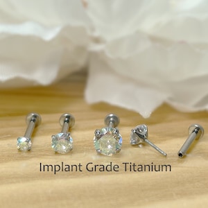 Implant Grade Titanium Threadless Push In 2mm 3mm 4mm AB CZ Prong Set Flat Back 6mm 8mm Labret Tragus Cartilage Ear Stud