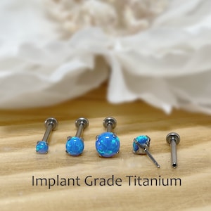 IMPLANT GRADE TITANIUM Threadless Push In 2mm 3mm 4mm Blue Opal Prong Set Flat Back Labret Tragus Nose Cartilage Piercing Ear Stud