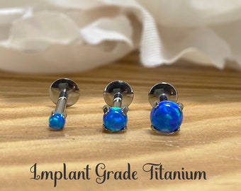 16ga Implant Grade Titanium Internally Threaded 2mm 3mm 4mm Blue Opal Flat Back 6mm 8mm Labret Tragus Cartilage Piercing Ear Stud