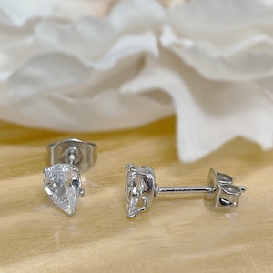 Pair of 316L Surgical Steel White Clear Prong Set Teardrop CZ Stud Earrings 3mm, 4mm, 5mm Stud Earrings