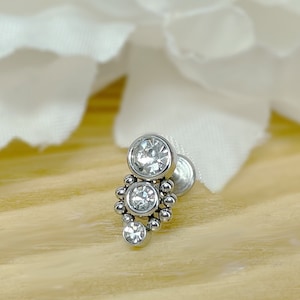 16ga Triple CZ with Ball Cluster Internally Threaded Flat Back Labret, Tragus, Cartilage, Piercing, Stud Earrings • 316L Surgical Steel