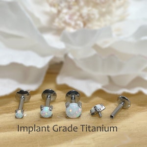 16ga Implant Grade Titanium Internally Threaded 2mm 3mm 4mm White Opal Flat Back 6mm 8mm Labret Tragus Cartilage Piercing Ear Stud