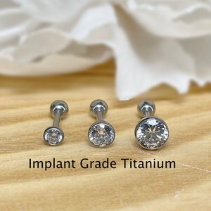 Implant Grade Titanium Threadless Push In Barbell 3mm 4mm 5mm White CZ Bezel Set 6mm 8mm Labret Tragus Cartilage Ear Stud