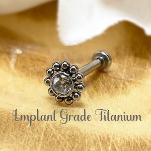 Implant Grade Titanium Flower Top with CZ Threadless Push In Flat Back Labret, Tragus, Cartilage, Piercing, Stud Earrings