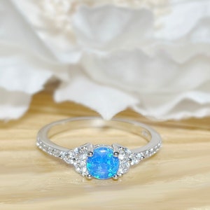 Dainty Blue Opal CZ Ring• Round Opal Ring • Simple Minimalist Opal Ring • 925 Silver Ring • Gift for Her