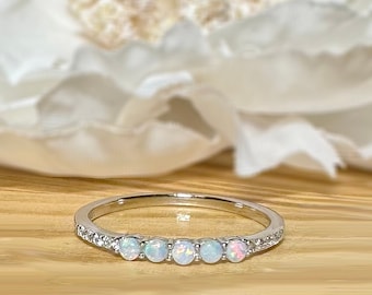 Opal and CZ Ring, Silver Opal Ring, Dainty Opal Ring, Stacking Ring, 925 Silver Ring, Gift for Her