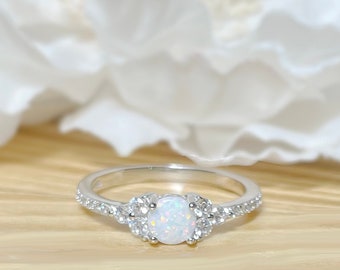 Dainty White Opal CZ Ring• Round Opal Ring • Simple Minimalist Opal Ring • 925 Silver Ring • Gift for Her
