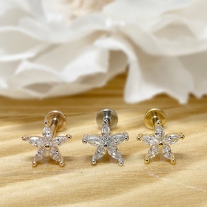 16ga 316L Surgical Steel Paved CZ Flower Top Internal Threaded Flat Back Labret, Tragus, Cartilage, Piercing, Stud Earrings