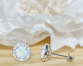 Opal Stud Earrings • Minimalist earrings • White Opal and CZ Stud • Blue Opal Stud Earring • 925 Sterling Silver • Gift for Her
