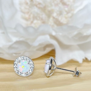 Opal Stud Earrings • Minimalist earrings • White Opal and CZ Stud • Blue Opal Stud Earring • 925 Sterling Silver • Gift for Her