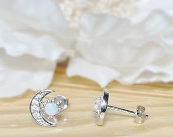 Dainty Opal Moon CZ Stud Earrings • Minimalist earrings • White Opal Stud • Blue Opal Stud Earring • 925 Sterling Silver • Gift for Her