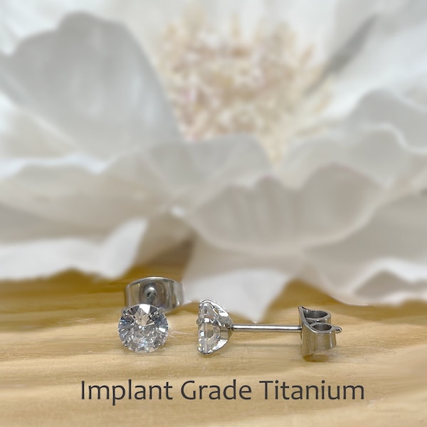 Pair of Implant Grade Titanium White Clear Prong Set CZ Stud Earrings 2mm, 2.5mm, 3mm, 4mm, 5mm Stud Earrings