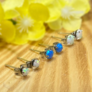 Pair of 316L Surgical Steel White Opal Stud Earrings, Blue Opal Stud Earrings, 3mm 4mm 5mm Prong Set