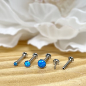 16ga 18ga 20ga 316L Surgical Steel Blue Opal Push In Threadless Flat Back Labret, Tragus, Cartilage, Piercing, Stud Earrings 6mm, 8mm