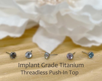 Implant Grade Titanium Threadless Push In Top CZ 1.5mm/2mm/2.5mm/3mm/4mm/5mm Bezel Set Tragus Nose Helix Cartilage Tragus Conch Ear