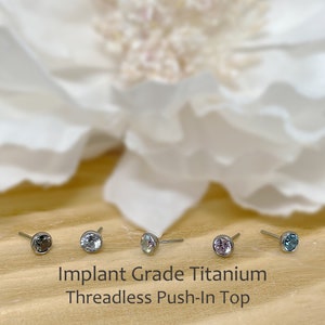 Implant Grade Titanium Threadless Push In Top CZ 1.5mm/2mm/2.5mm/3mm/4mm/5mm Bezel Set Tragus Nose Helix Cartilage Tragus Conch Ear