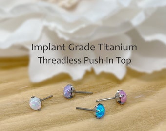 Implant Grade Titanium Threadless Push In Top Opal 2mm/3mm/4mm Prong Set Tragus Nose Helix Cartilage Tragus Conch Ear