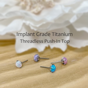 Implant Grade Titanium Threadless Push In Top Opal 2mm/3mm/4mm Prong Set Tragus Nose Helix Cartilage Tragus Conch Ear