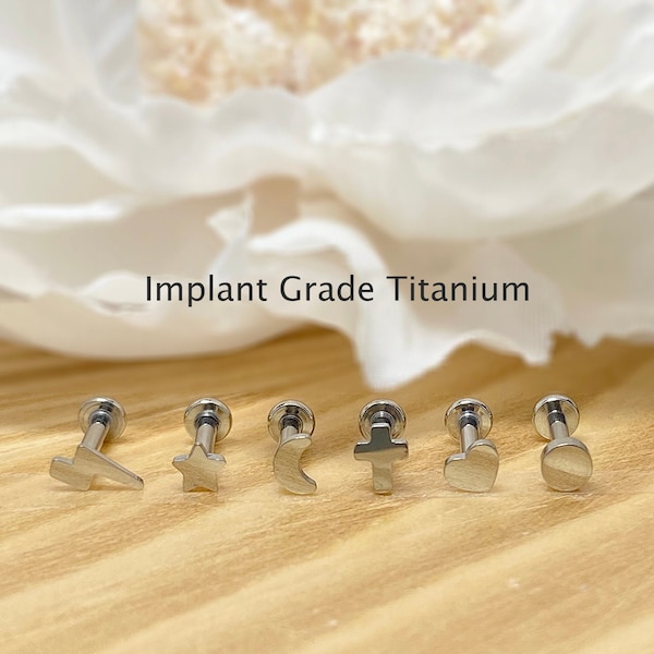 Implant Grade Titanium 16ga Internally Threaded Flat Back Labret Cartilage Helix Tragus Minimal Screw On Earring Stud Star Cross Heart