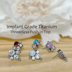 Implant Grade Titanium Threadless Push In Top Opal Or CZ and Ball Edge Top Tragus Nose Helix Cartilage Tragus Conch Ear