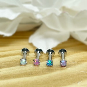 316L Surgical Steel Push In Prong Set Opal Top Threadless Flat Back Labret, Tragus, Cartilage, Piercing, Stud