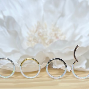 16G 316L Surgical Steel Hinged Segment Hoop Ring with White Opal in Front • Septum Daith Piercing