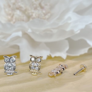 16ga CZ Paved Owl Top on Internally Threaded Flat Back Labret, Tragus, Cartilage, Piercing, Stud Earrings