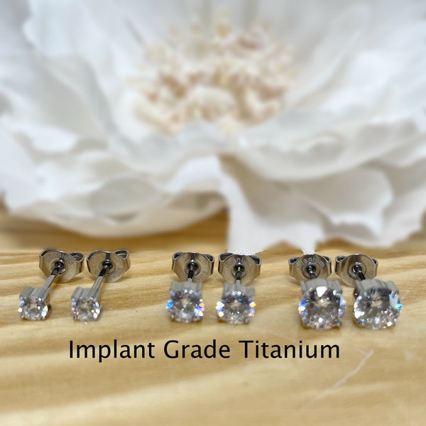 Pair of Implant Grade Titanium White Clear Prong Set CZ Stud Earrings 3mm, 4mm, 5mm Stud Earrings